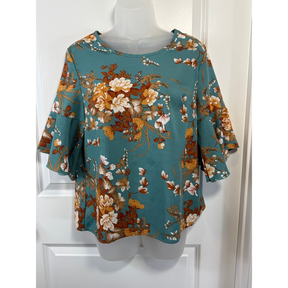 Grawell Womens Teal Blue Floral Bell Sleeve Blouse Top S 4 Boho Fall Whimsygoth